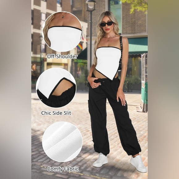 Y2K Strapless White with Black Trim Tube Top Womens L Asymmetric Crop Top New - Picture 5 of 6